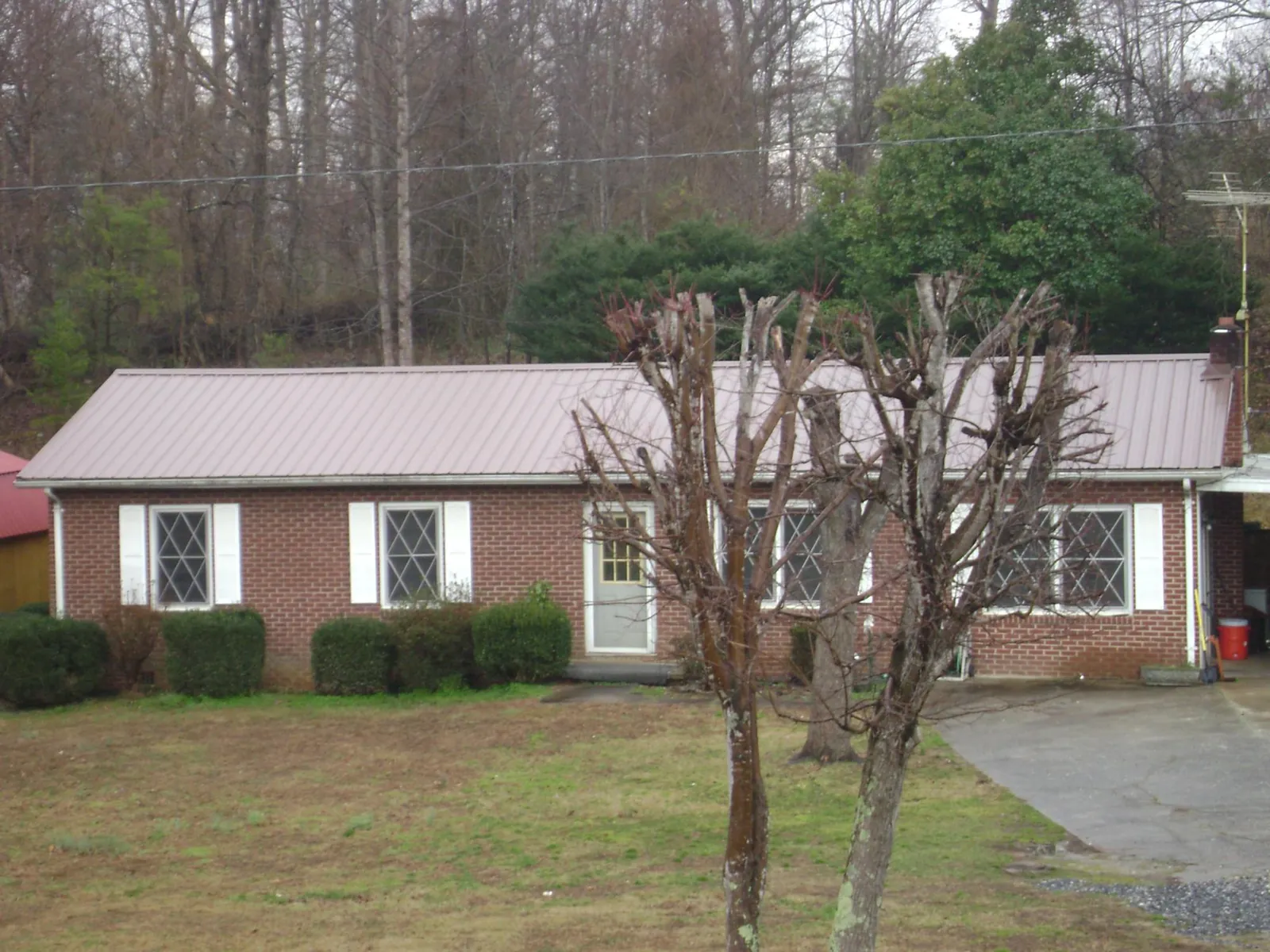Mauve metal roof on a brick ranch home behind bare trees in Marysville